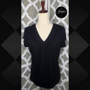 Jones New York Black Rayon Blend Pleated Neckline Short Sleeve Top Size L